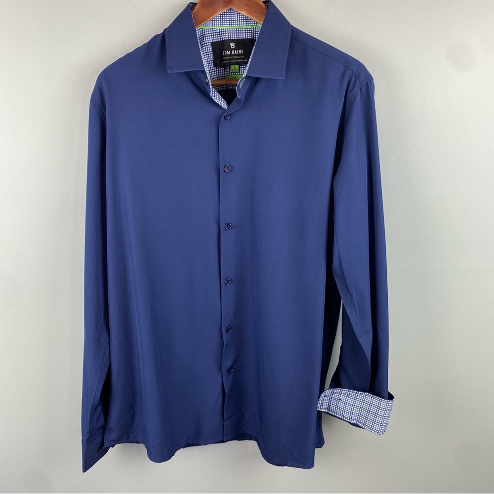 Men’s Tom Baine Navy Blue SLIM FIT PERFORMANCE STRETCH BUTTON-UP Large